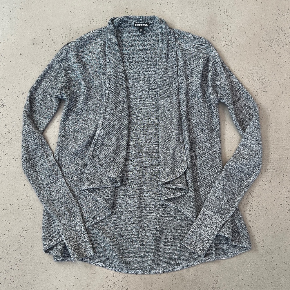 Express Gray Open-Front Draped Knit Cardigan